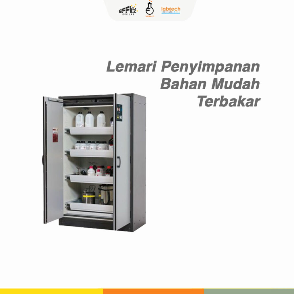 Lemari penyimpanan bahan mudah terbakar berwarna kuning dengan pintu ganda dan sistem ventilasi industri