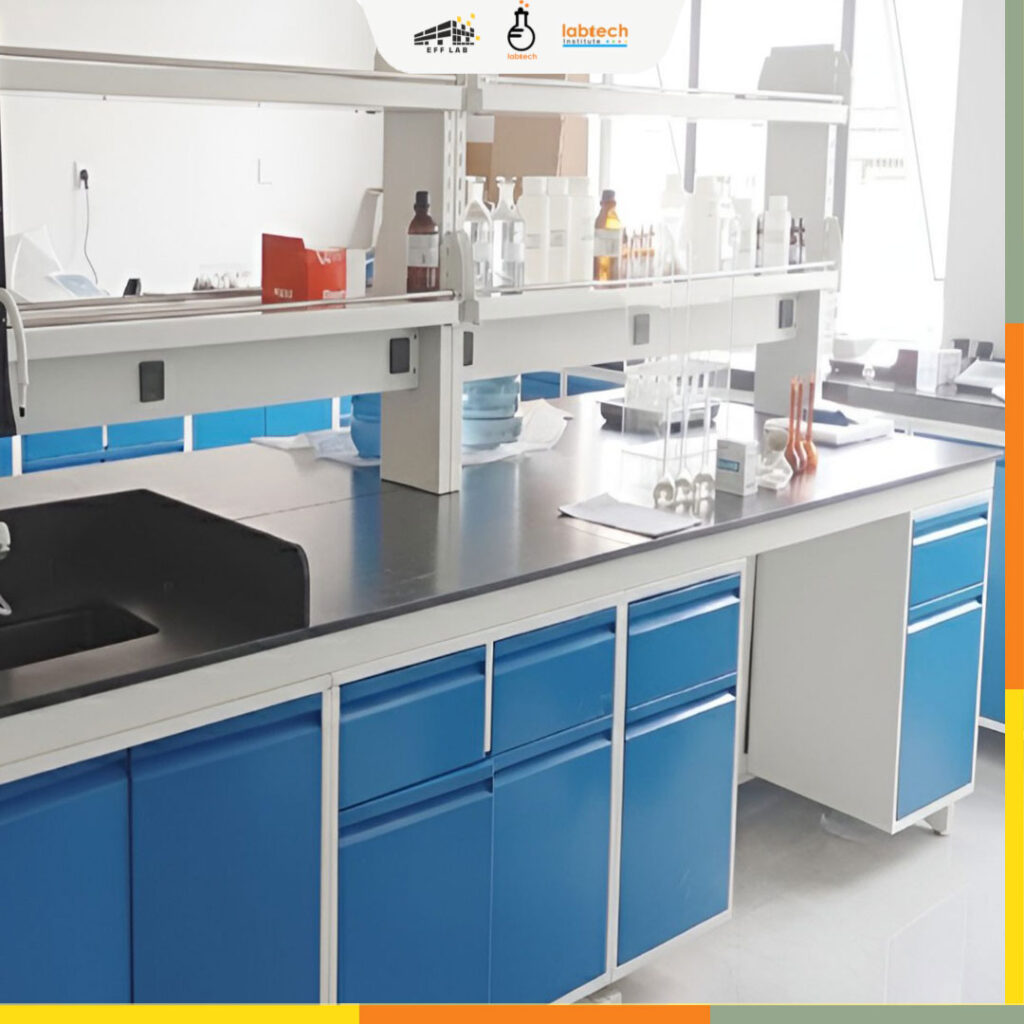 Desain custom modular laboratory furniture untuk laboratorium farmasi standar ISO