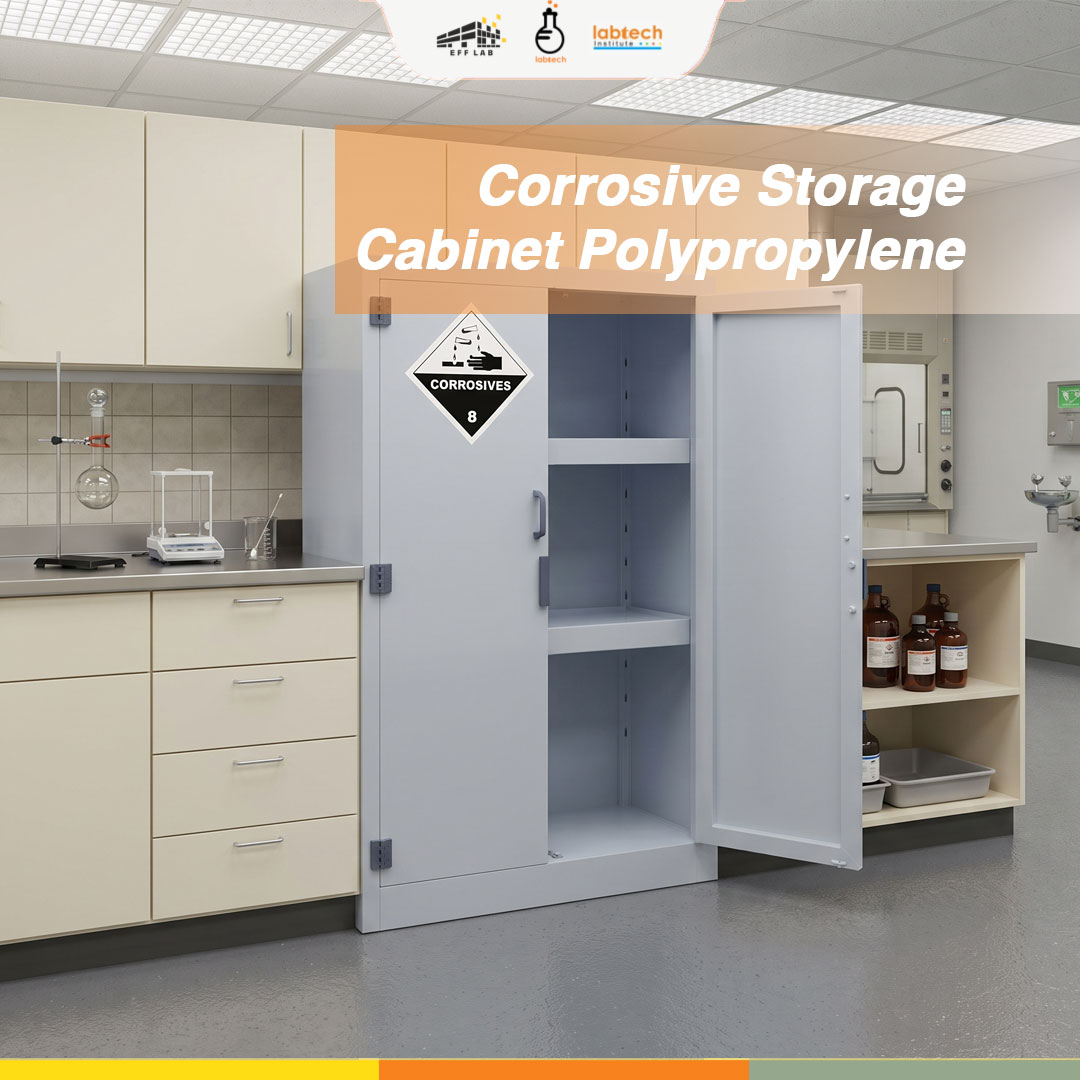 Sistem rak adjustable pada Polypropylene acid storage cabinet
